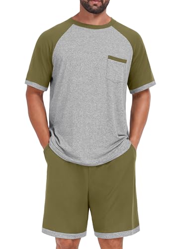 Image of Mens Pajamas Set Lightweight Summer Pjs Sleepwear Soft Comfy Short Sleeve Loungewear With Pocket (S-4X)