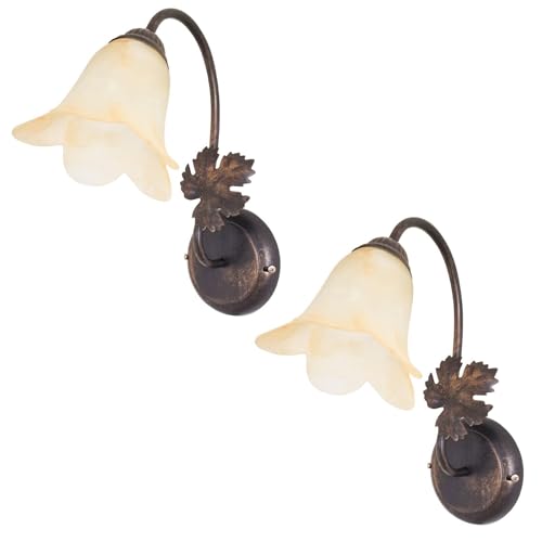 MAKA [X2] Applique da Parete Interno Vintage, Applique Camera da Letto con Portalampada E14 (Lampadina non inclusa), Lampada da Muro in Ferro Battuto in Vetro Artigianale (2x Applique Dana)