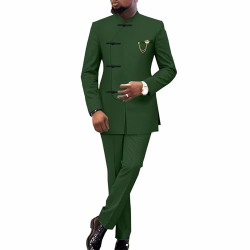 African Suits for Men Classic Fashion 2 Piece Set Dashiki Party Wedding Evening Slim Fit Outfits TR50 Army Green Medium