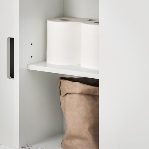 SoBuy Badezimmerschrank auf Rollen Schmaler Schrank mit 2 Schiebetüren & offener Ablage Badmöbel Kommode für Bad, WC, kleine Räume 70x71x20cm Weiß BZR02-W