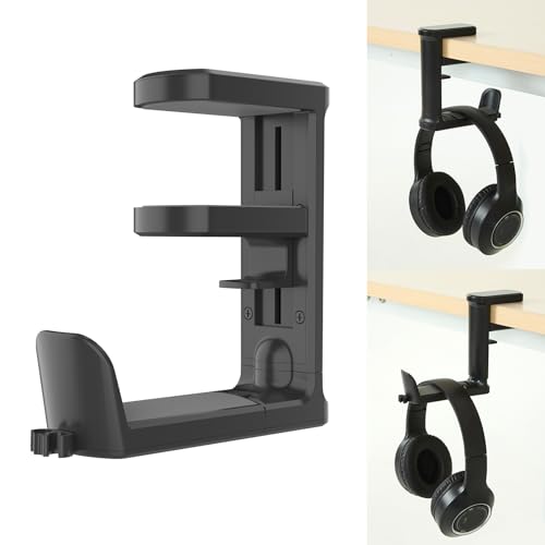 LVGCHM PC Gaming Headset Holder, Upgraded Headphone Stand for Desk,Adjustable Clamp-on Under Desk Hanger, Rotating Headphone Stand & Cable Clip Organizer (Black)