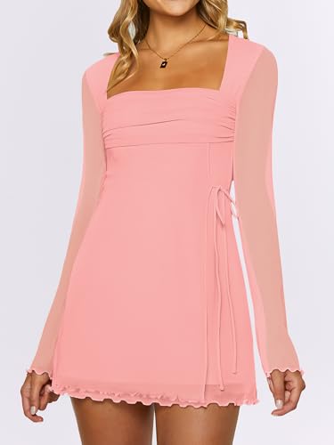 Image of Caracilia Womens Sexy Mesh Ruched Mini Dresses Long Sleeve Square Neck Tie Fall Club Party Cocktail Short Dress 2026 Fashion