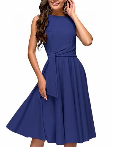 Image of FENJAR Women's Elegance Audrey Hepburn Style Ruched Dress Round Neck Sleeveless Swing Midi A-line Dresses (US, Alpha, Small, Regular, Regular, Blue)