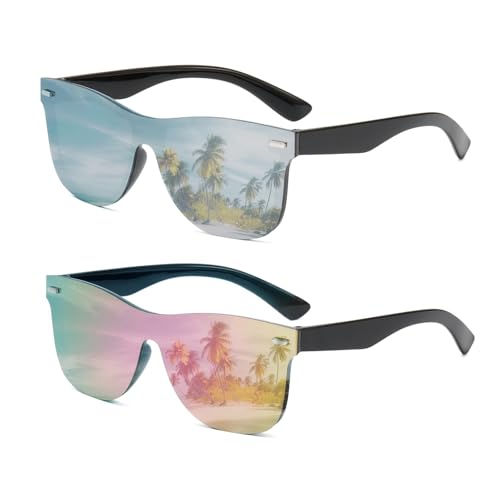UV400 Rimless One-Piece Lens Reflective Sunglasses - Colored Mirrored Sun Glasses for Men & Women (2 Pack)
