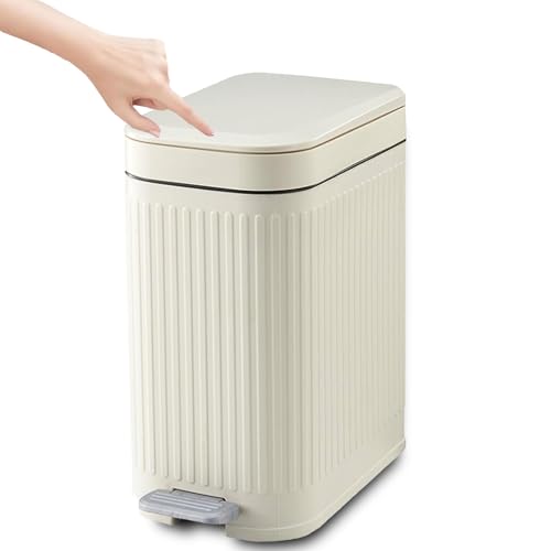 Kongming Tretmülleimer Kleiner Mülleimer mit Deckel 8L Treteimer Geruchsdicht Abfalleimer Küche Bad Mülleimer Schmal für Badezimmer, Büro, Wohnzimmer, Schlafzimmer, WC (Beige)