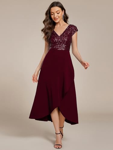 Image of Ever-Pretty Women's Elegant V Neck Sequin Short Sleeve Hi-Lo Tea Length Evening Gowns 02325