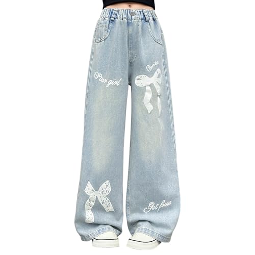 Bows Jeans for Girls Baggy Wide Leg Denim Pants Kids Cute Elastic Straight Trousers Trendy Y2k Streetwear with Pockets