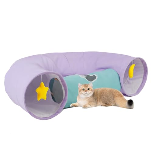 Image of Cat Tunnel, Large Indoor Durable Collapsible Interactive Cat Tube with Peek-A-Boo Hole, Hanging Toys, and Crinkly Paper Lining - Cute Tunnel for Cats, Kittens, Puppies & Rabbits, Purple