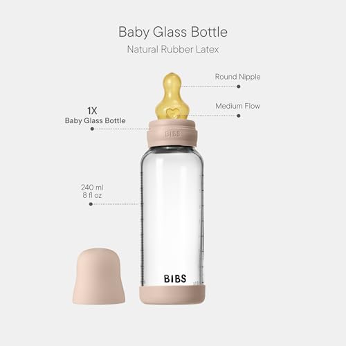 Image of BIBS Glass Baby Bottle, 240 ml, 1-Pack, Natural Rubber Nipple, Blush