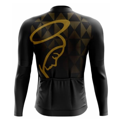 Camisa de Ciclismo Masculina Manga Nossa Senhora Preta e Dourada Proteção UV Slim Confortável Pro Bi