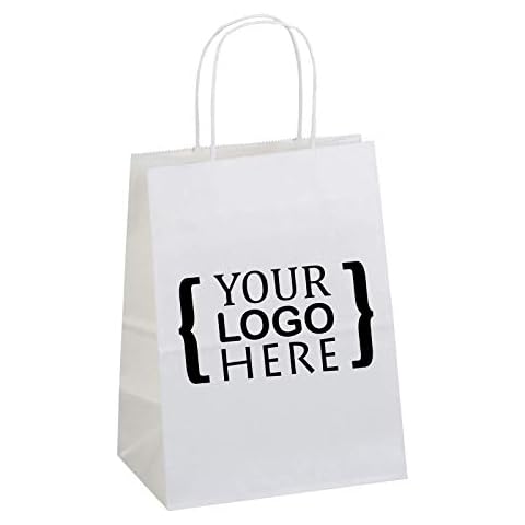 Flexicore Packaging White Kraft Custom Printed Paper Bags Size: 8 Inch X 4.75 Inch x 10.25 Inch | Count: 100 Bags | Color: White Cover