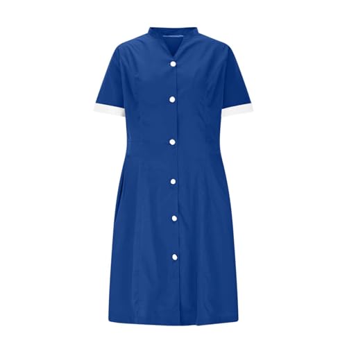 Women's Short Sleeve Work Dress Button Down Lapel Nurses Scrubs Dresses Workwear Knee Length Nursing Dress3