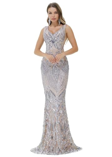 Image of Women's Wedding Bridesmaid Gown Sequined Mermaid V Neck Sleeveless Evening Dress