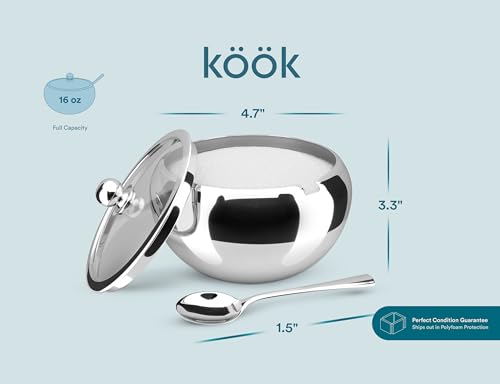 KooK Sugar Bowl with Lid and Spoon, Container with Lid, for Salt, Coffee, Holds 2 Cups, Dishwasher Safe, Stainless Steel, 16 Oz