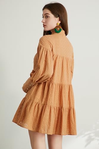 Image of Summer Cotton V Neck Long Losse Sleeve Casual Party A-Line Dresses Embroidery Short Dress