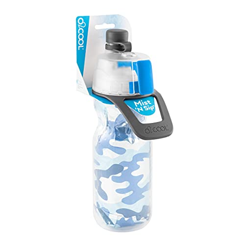 O2COOL Mist 'N Sip Kids Misting Water Bottle 2-in-1 Mist And Sip Function With No Leak Pull Top Spout Kids Reusable Sports Water Bottle - 12 oz (Blue Camo)