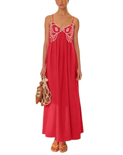 Image of Yuemengxuan Boho Maxi Dresses for Women Spaghetti Strap Flowy Smocked Long Dress Casual Summer Vacation Beach Maxi Dress