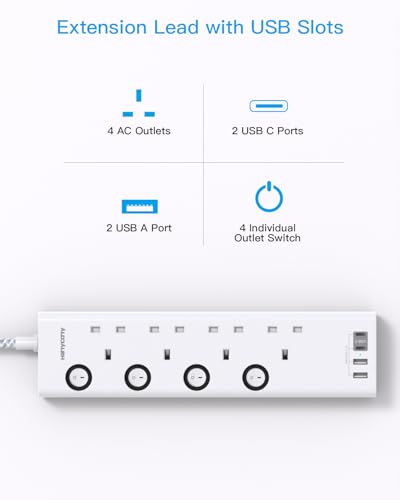 Extension Lead with 4 USB Slots(2 USB C), 4 Way Plug Extension Socket with Individual Switches, 1.8M Extension Cable, Wall Mount Extension Cord, Desk Power Strip for Bedroom Office Accessories Extension Lead with 4 USB Slots(2 USB C), 4 Way Plug Extension Socket with Individual Switches, 1.8M Extension Cable, Wall Mount Extension Cord, Desk Power Strip for Bedroom Office Accessories