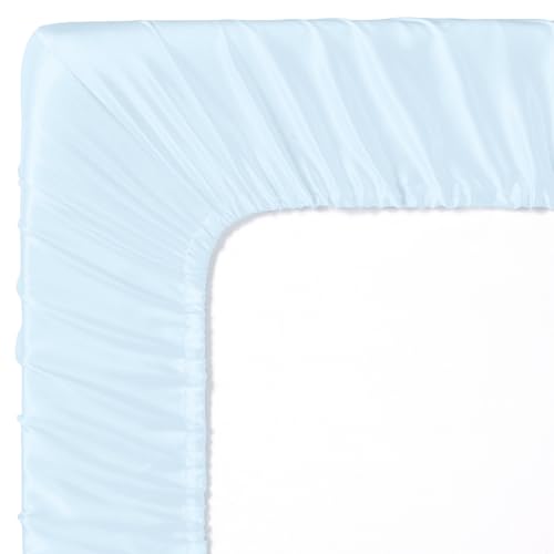 Image of Entisn 28x52 Satin Fitted Crib Sheet 2 Pack, Mint Green and Baby Blue | 8-Inch Deep Pocket Snug Fit, Silky Satin Protects Hair And Skin, No-Slip Reinforced Edges, Machine Washable Fade-Resistant