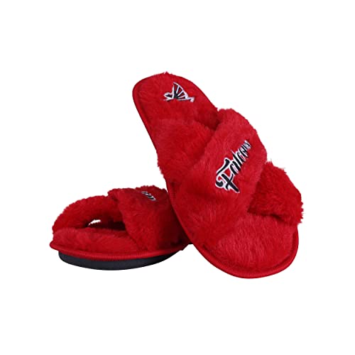 Image of FOCO Womens NFL Team Script Wordmark Fuzzy Cross Slide Slippers