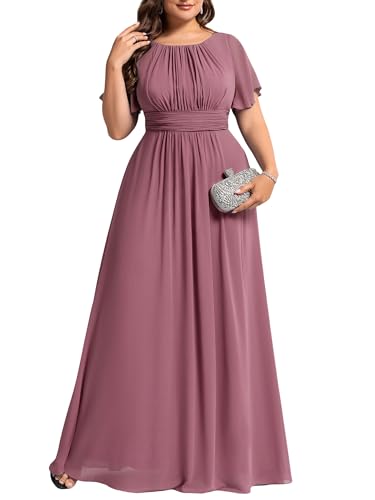 Image of Ever-Pretty Plus Elegant Formal Dresses for Curvy Women Round Neck Short Sleeves Chiffon Bridesmaid Mother of The Bride Dress