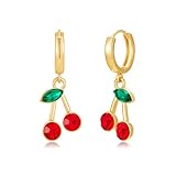 LILIE&WHITE Pendientes de cerezo para mujer, hipoalergénicos, chapados en oro, con piedras preciosas rojas y verdes