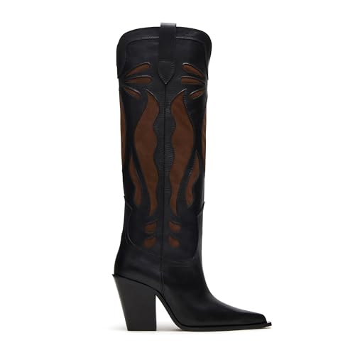 Cowboy Boots for Women Knee High Boots with Chunky Heel Retro Embroidered Western Cowgirl Shoes Pointed Toe Pull On