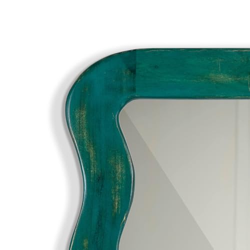 Image of FURNWEAVE Jevar Antique Wall Mirror - Premium Solid Wood Frame | Modern Wall Mounted Decorative Mirror for Living Room | Wall Hanging Mirror for Bathroom Wall & Room Corner | Dark Green Distress