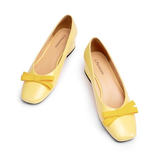 Image of C.Paravano Women's Pumps | Luxury Leather Pumps | 1.5 Inch Chunky Block Heel & Square Toe | Fabric Bow
