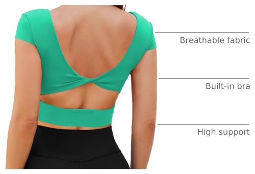 Image of DaiLiWei Open Back Workout Tops for Women Short Sleeve Longline Sports Bras Support Crop Tank Yoga Shirts with Built in Bra