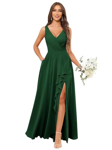 Image of HANVAIOS Long Chiffon V Neck Bridesmaid Dresses for Women Formal Dress with Pocket
