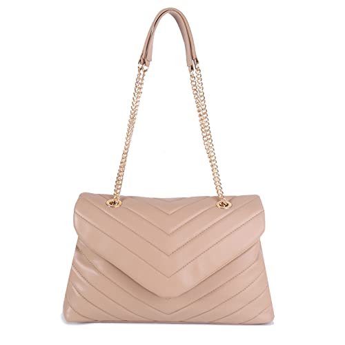 Image of Quilted Crossbody Bag for Women, Soft Vegan Chevron Purses, Trendy Shoulder Handbags with Flap