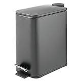 mDesign Cubo de basura rectangular con pedal, 5 L, metal, con pedal, tapa e inserto de cubo de plástico, cubo de basura para baño, cocina y oficina, color gris oscuro