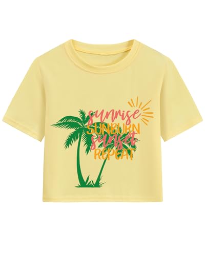 DDSOL Girls Crop Tops Summer Palm Tree Sunset Beach Shirt Hawaii Short Sleeve Tropical Tshirts for Teen Girl 6-14 Years