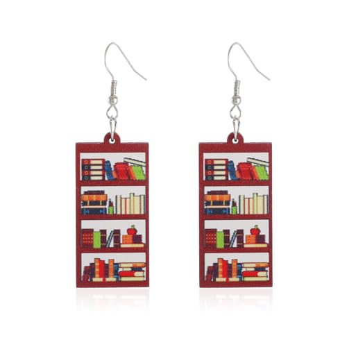 Fun Wooden Book Earrings Classic Teacher Student Bookcase Dangle Drop Earrings Lightweight Creative Librarian Teachers Novel Graduation Jewelry School Season Teachers Earring Personalized Library Bookshelf Book Earring (Colourful)