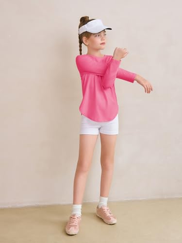 Image of Haloumoning Girls Long Sleeve T Shirts Kids Crewneck Tops 5-14 Years | Solid Color, Casual Loose Fit, Basic Tees, Curve Hem, Side Slit, Soft Tunic Tops, Fashion Clothes