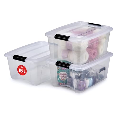 Iris Ohyama Aufbewahrungsboxen mit Deckel, 15L, 3er-Set, Transparent, Sicherer Verschluss, Stapelbar, Griffe, Schlafzimmer, Schrank, Büro, Organisation, BPA-freies Plastik, Ordnungsboxen, NTB-15