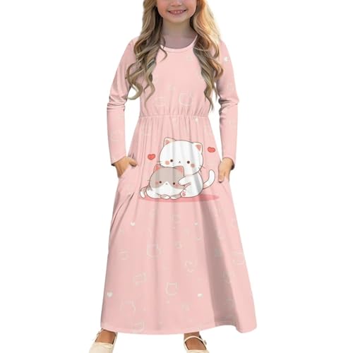 Upetstory Kawaii Cat Dress for Girls 11-12 Years Old Long Sleeve Maxi Dresses Kids Maxi Skirt Tunic Shirt Swing Twirly Skater Dress with Pocket Fall Clothes Spring Outfit School Dance Party