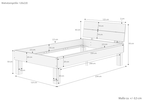 Erst-Holz®Hohes, stabiles Massivholzbett 120x220 für XXL-Gewicht Seniorenbett inkl. Federholzrahmen, Matratze 60.81-12-220 FV M – Bild 4