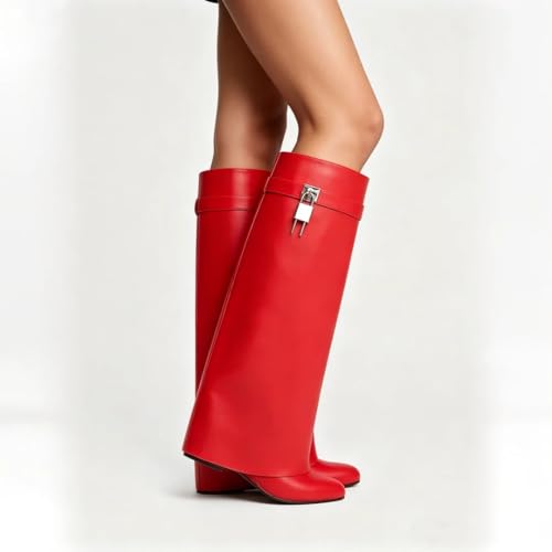 Image of keleimusi Fold Over Wedge Boots Heeled PadLock Pant Knee High Shoes Tall /Short Booties