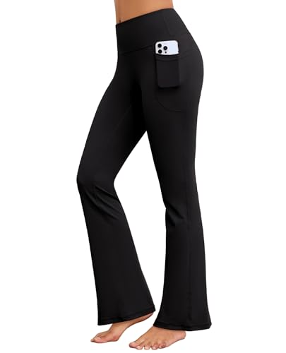 AegisChic Flare Yoga Pants with Pockets for Women Wide Leg Tummy Control Flared Workout Leggings High Waist Black