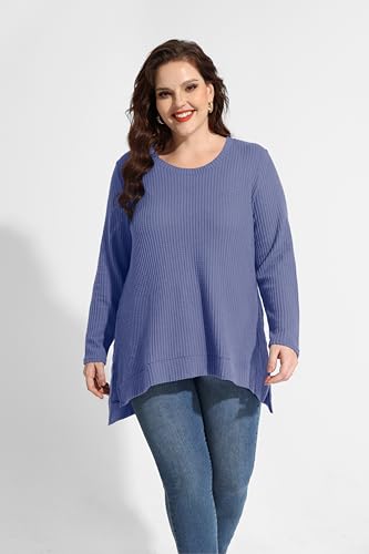 Image of RITERA Plus Size Women Sweaters Waffle Knit Pullover Top Long Sleeve Casual Crewneck Shirt Loose Split Hem Fall Winter Blouse