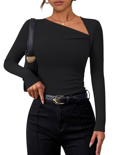 ZESICA Women's Long Sleeve Tops 2025 Fall Asymmetrical Neck Slim Fitted Chunky Y2K Knit Shirts Clothes