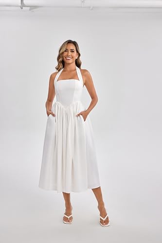 Parthea Women's Summer Halter Corset Midi Dress 2025 Elegant Smocked Flowy Wedding Guest Dresses with Pockets4