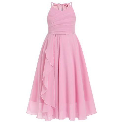 IDOPIP Girls Chiffon Maxi Dress Flower Girl Wedding Junior Bridesmaid Pageant Formal Birthday Party Ruched Ruffle A-line Gown