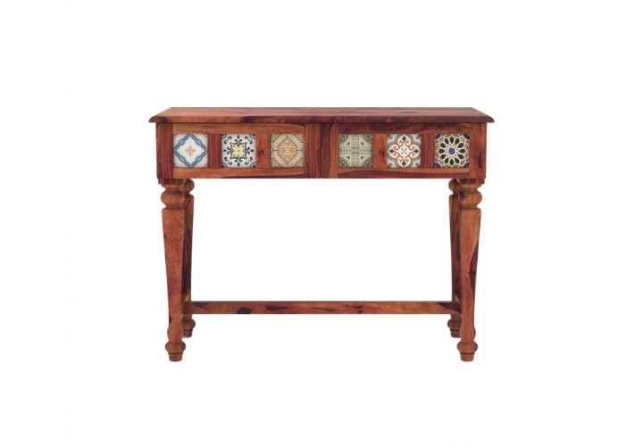 Image of Solid Wood Console Table with Handcrafted Ceramic Tile Design for Living Room, Entryway, Hallway & Bedroom | Wooden Accent Sofa Side Table | Natural Brown Finish | 40 x 17 x 30 Inch