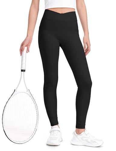 KEREDA Leggings Mädchen Sportleggins Kinder V Crossover Sporthose Teenager Hosen mit Taschen Turnhose für Gym Yoga Gymnastik Schwarz 9-10 Jahre