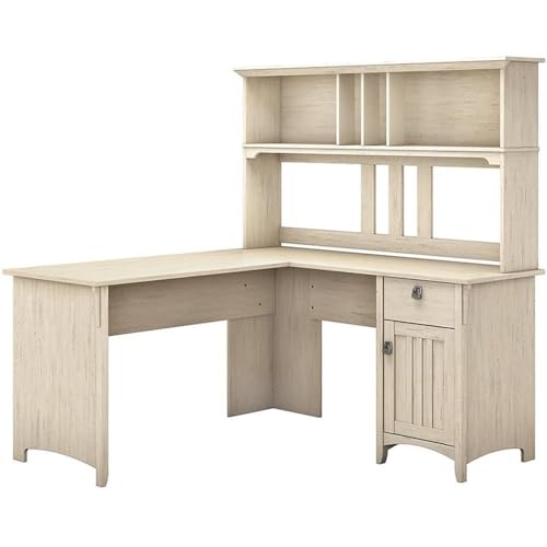 Bush Home Salinas L Shaped Desk with Hutch in Antique White | Corner Table with Drawers and Storage for Home Office