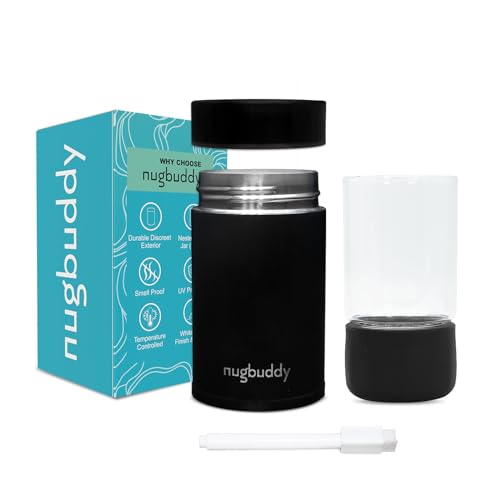 nugbuddy Mini Airtight Storage Container - Vacuum Sealed Insulated w Nested Glass Jar - UV Protection, Temperature Controlled Stainless - Whiteboard Finish w Marker Included - 100 ml