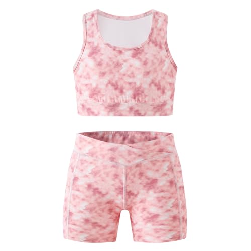 Chichoo Girls 2 PCS Athletic Set Tie Dye Workout Outfits Crop Tank Tops & Bike Shorts Running Gymnastic Cheer Activewear 6Y